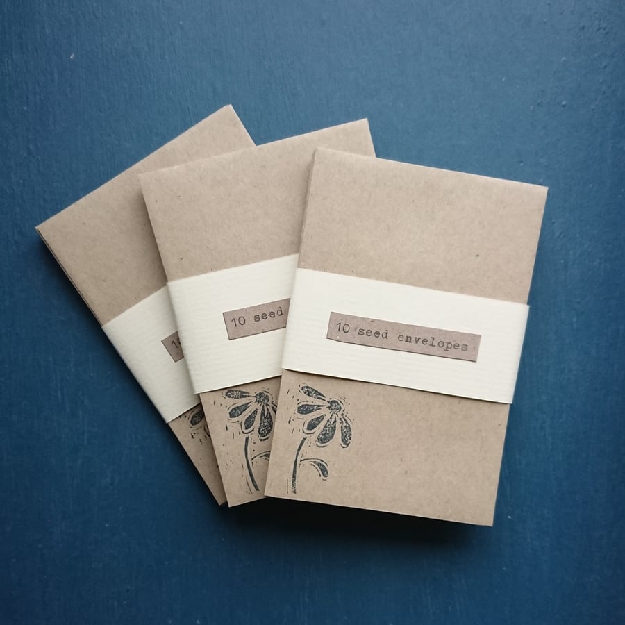 Seed envelopes - 10 mini manilla envelopes with lino print daisy 