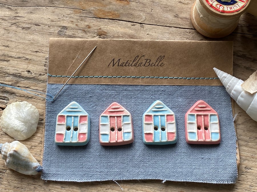 Handmade Ceramic Beach Hut Buttons set of Four