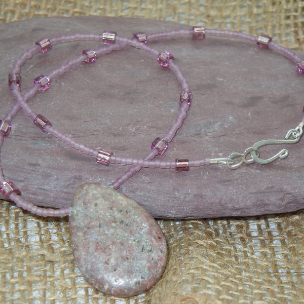 Oval Rhodonite pendant necklace with glass seed beads & silver plate clasp