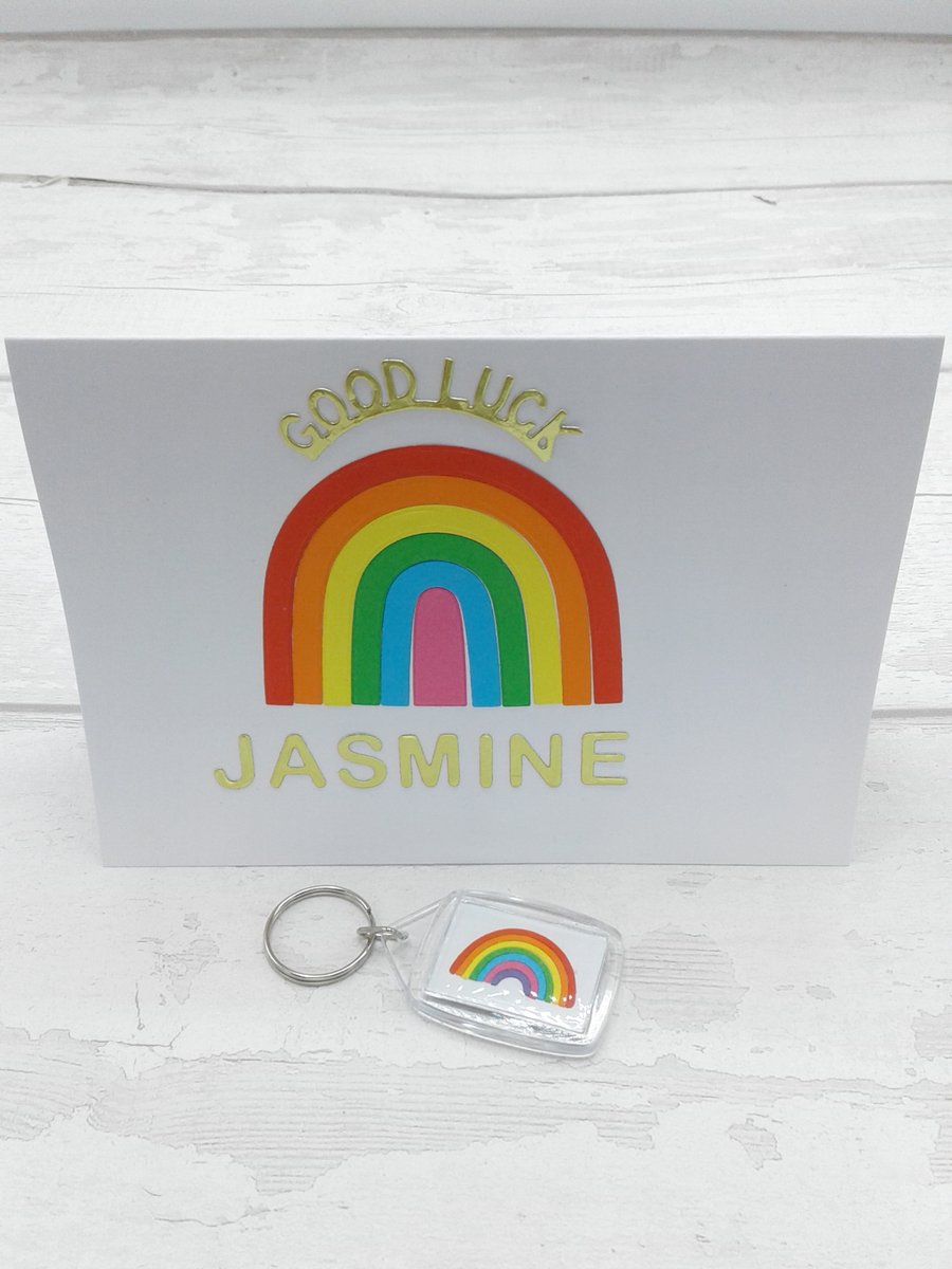 Good luck card & keyring. Personalised. Starting university or new job.