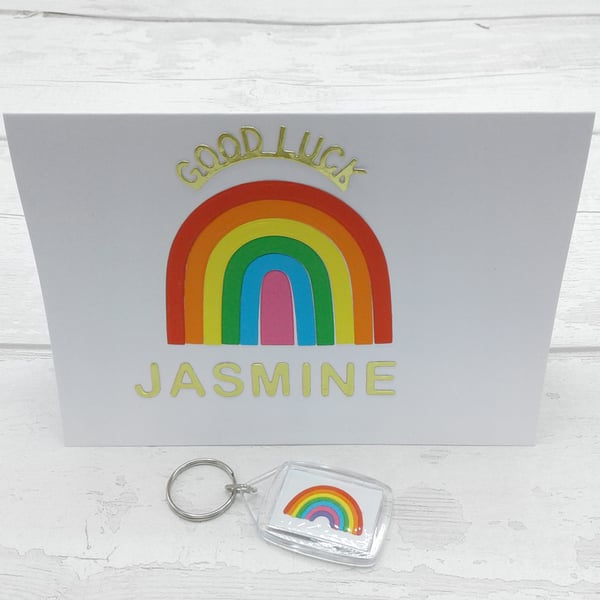 Good luck card & keyring. Personalised. Starting university or new job.