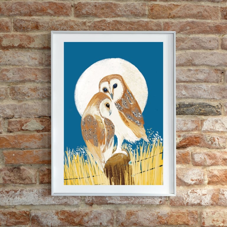 Owl Art Print - Barn Owls bird mounted art print