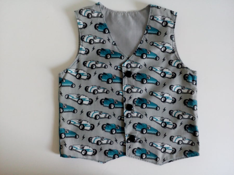 Boys waistcoat, Age 4 years, racing cars, grey and teal waistcoat