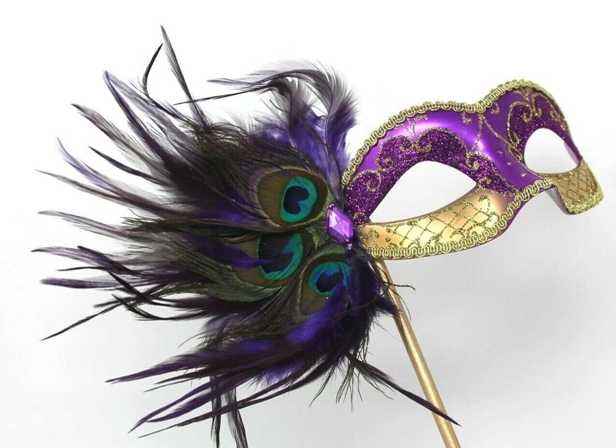 Stunning Purple and Gold Masquerade Mask with Peacock Feathers