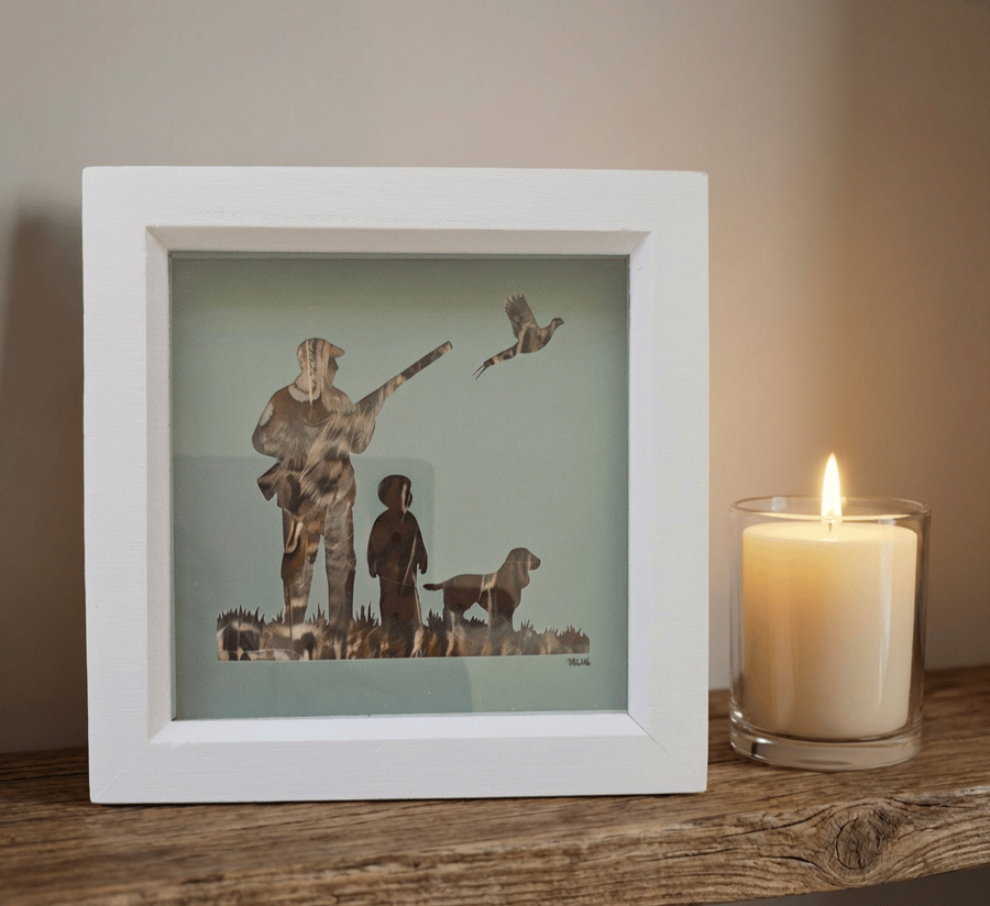 Pheasant feather frame with shooting silhouette so and father gift