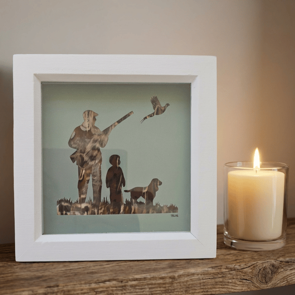 Pheasant feather frame with shooting silhouette so and father gift