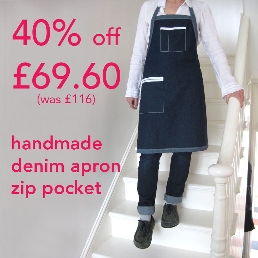 Womens Denim Apron with Zip Pocket & Reverse Denim Detail.