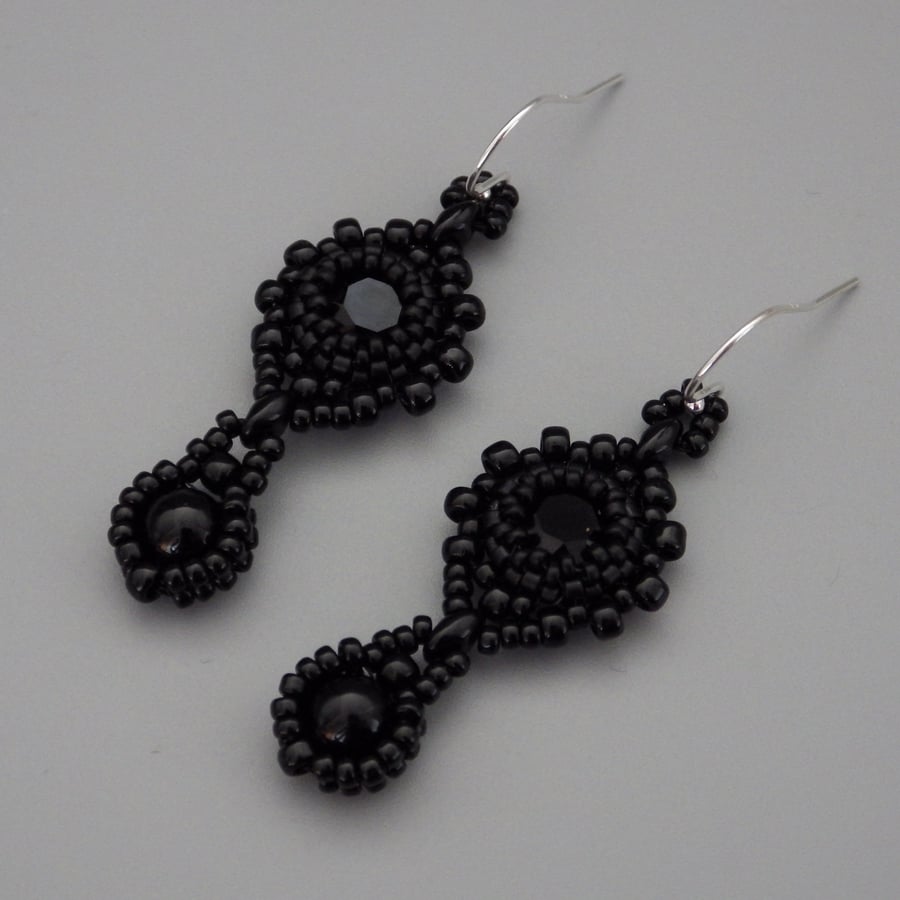 Beadwoven jet black Swarovski chaton earrings with black onyx drops