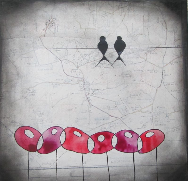 Birds on wires and poppies mixed media shaded painting