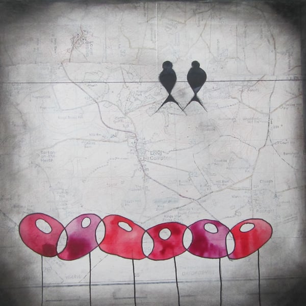 Birds on wires and poppies mixed media shaded painting
