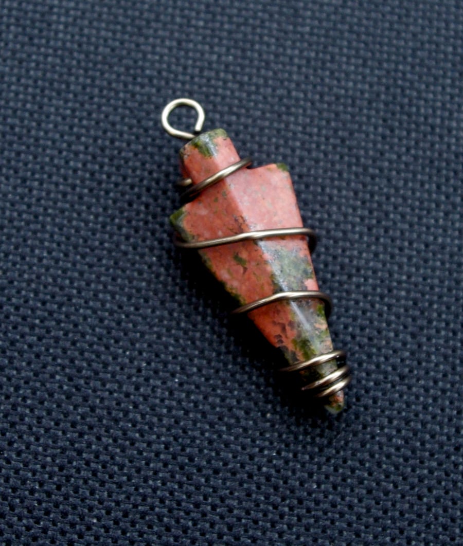 Unakite Arrowhead Pendant. Wire wrapped dagger focal bead. Vintaj wire.