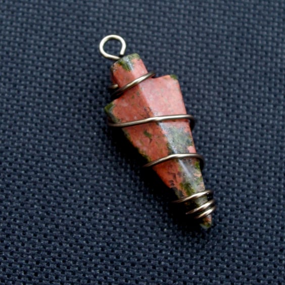 Unakite Arrowhead Pendant. Wire wrapped dagger focal bead. Vintaj wire.