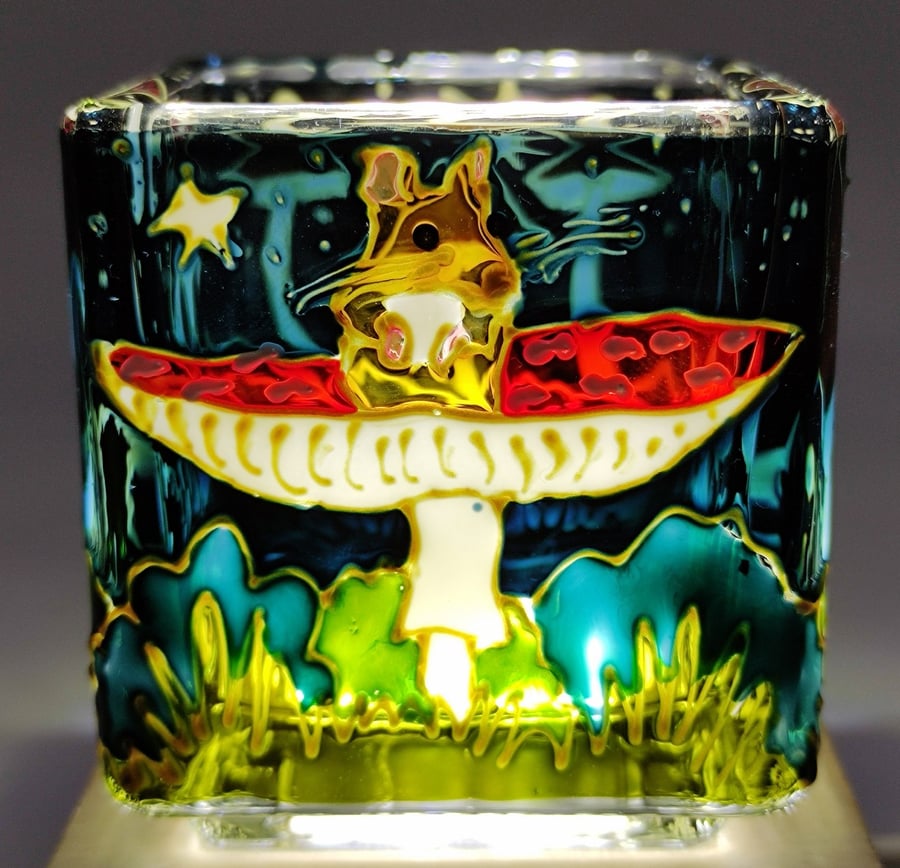 Wee candle holder, hand painted glass, wee mice, mushrooms and toadstools 