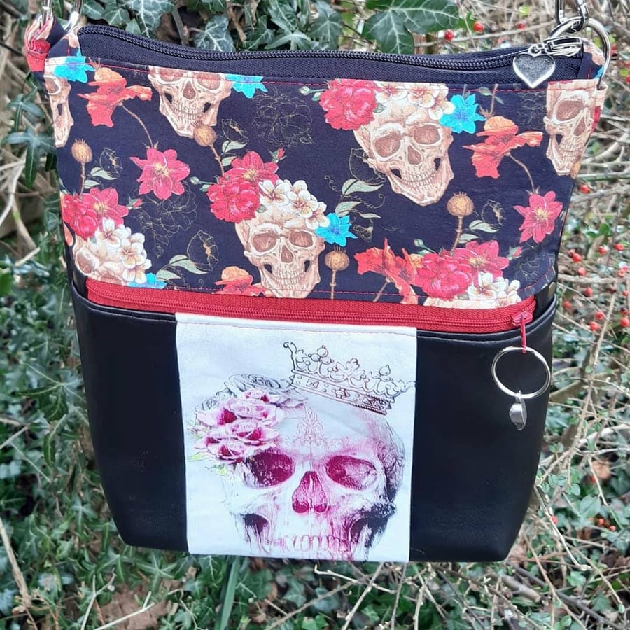 Goth skulls steam punk cross body bag in super soft faux leather