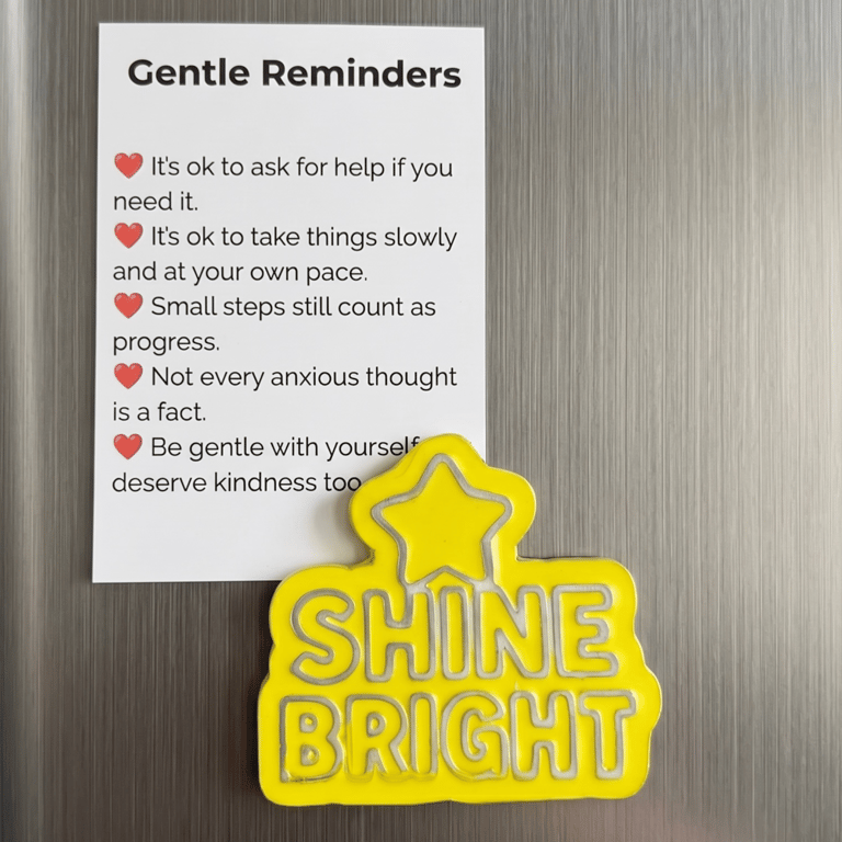 Shine Bright handmade yellow fridge magnet with A7 Gentle Reminders card