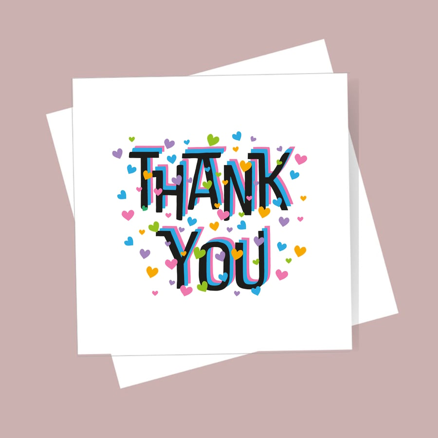 Thank You Card, Hearts Design. Best Wishes. Blank inside. Free delivery