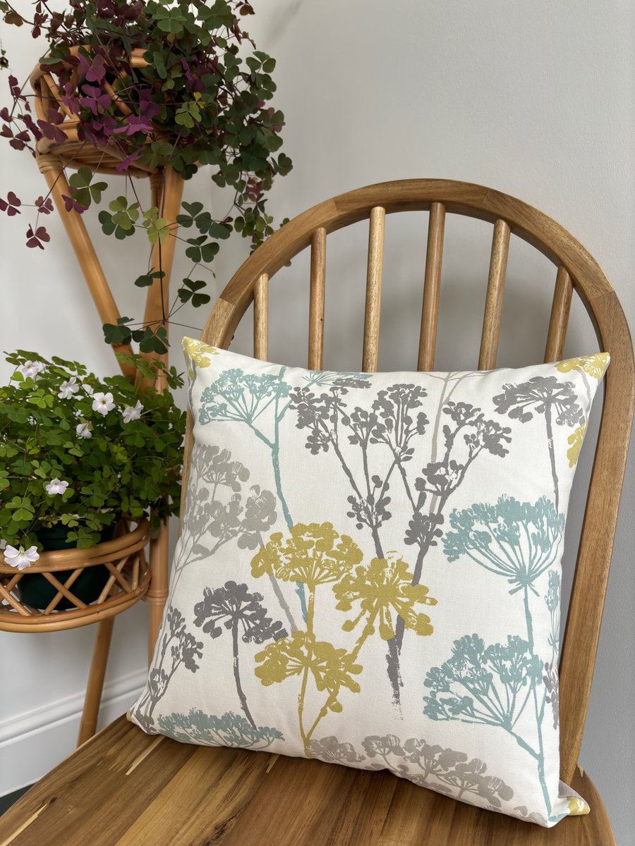 Cushion cover in cow parsley print, blue, grey & mustard, 40cm x 40cm