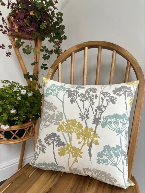 Cushion cover in cow parsley print, blue, grey & mustard, 40cm x 40cm