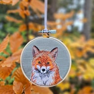 Fox mini hoop, handmade hanging decoration, embroidered