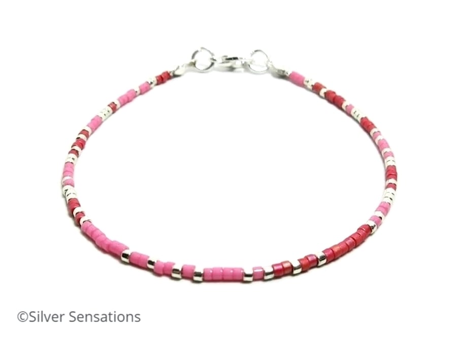 Minimalist Pink & Red Seed Bead Stacking Bracelet - Sizes 6.5" - 8.5"