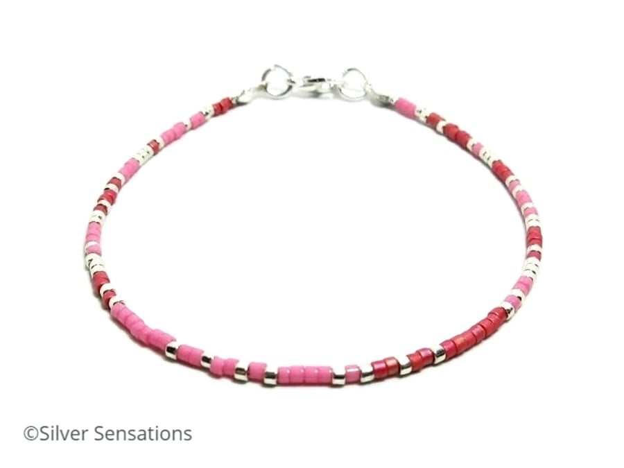 Minimalist Pink, Red & Silver Seed Beads Stacking Bracelet - Sizes 6.5" - 8.5"