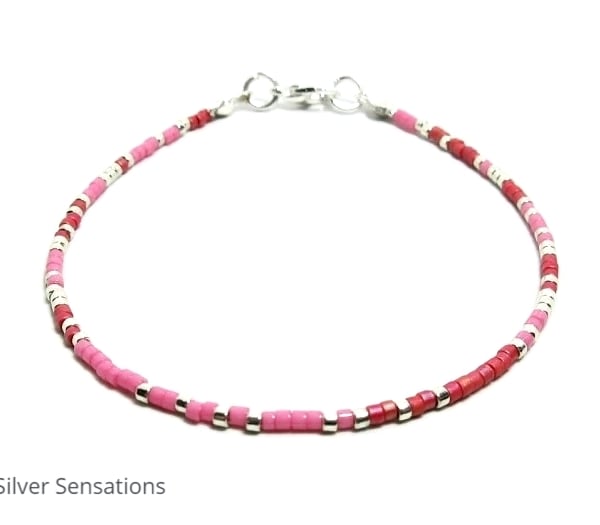 Minimalist Pink & Red Seed Bead Stacking Bracelet - Sizes 6.5" - 8"