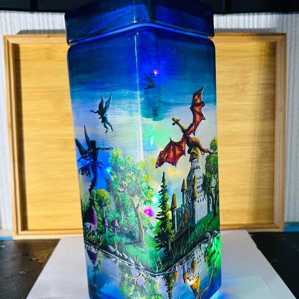 A hand painted and fired glass piece with glass lid by Andrew Jenkins 