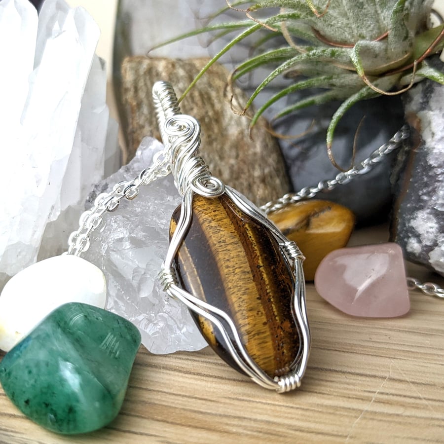 Wire Wrapped Tiger's Eye Pendant - Silver Plated Copper Wire