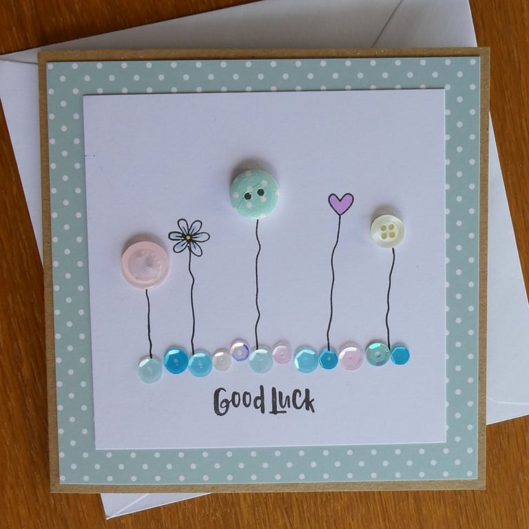 Good Luck Card - Flowers, Hearts and Sequins - Kraft - Green