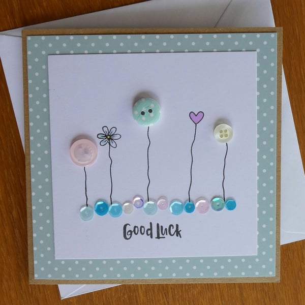 Good Luck Card - Flowers, Hearts and Sequins - Kraft - Green