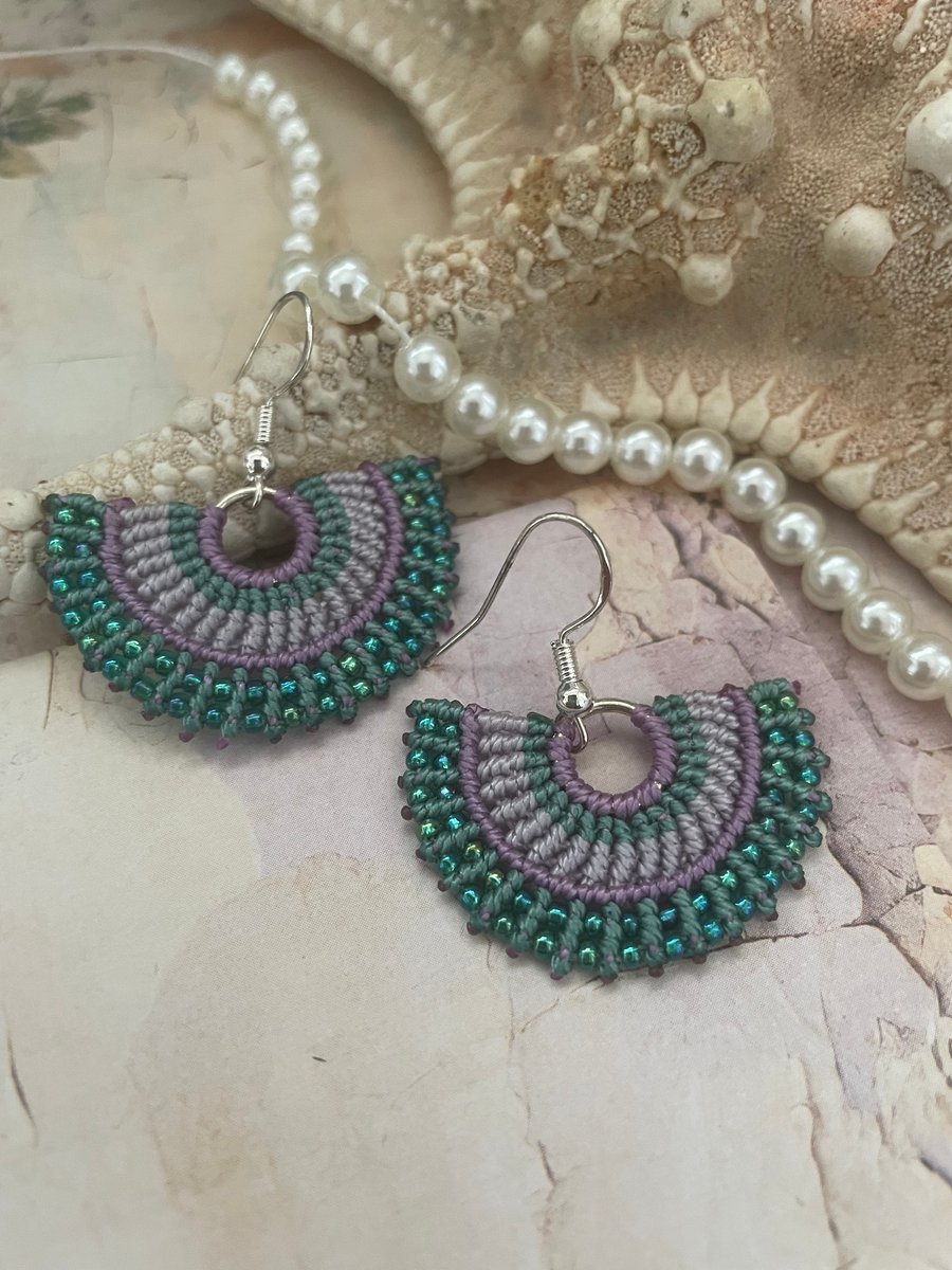 Dangle macrame beaded fan shape boho design hoop earrings, free spirit, green