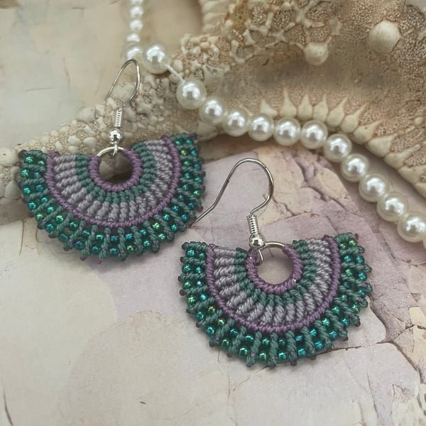 Dangle macrame beaded fan shape boho design hoop earrings, free spirit, green