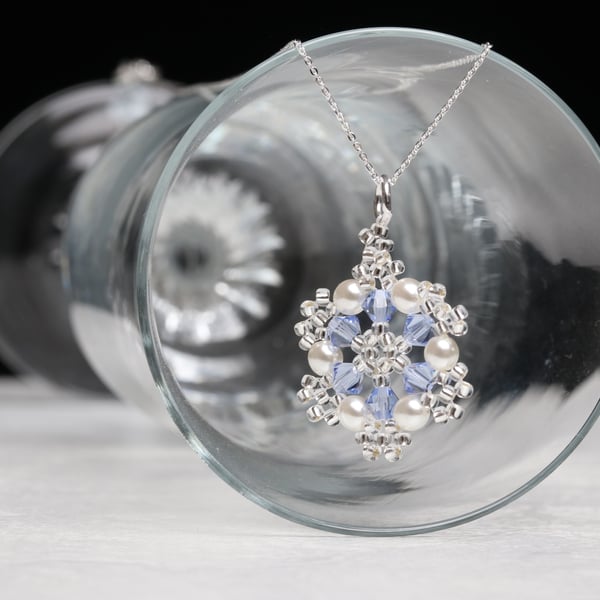 Light Blue Crystal and Pearl Snowflake Pendant 