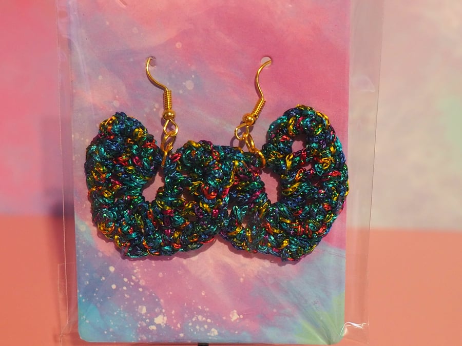Blue Metallic Heart Crochet Earrings 