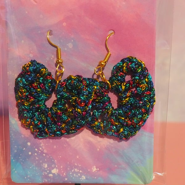 Blue Metallic Heart Crochet Earrings 