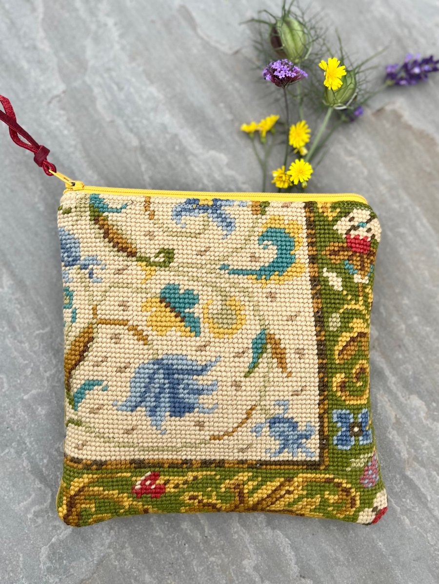 Reclaimed tapestry and velvet zip pouch