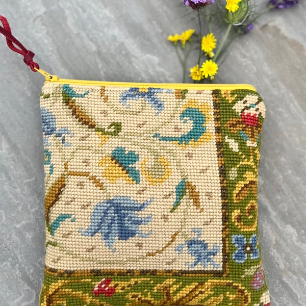 Reclaimed tapestry and velvet zip pouch