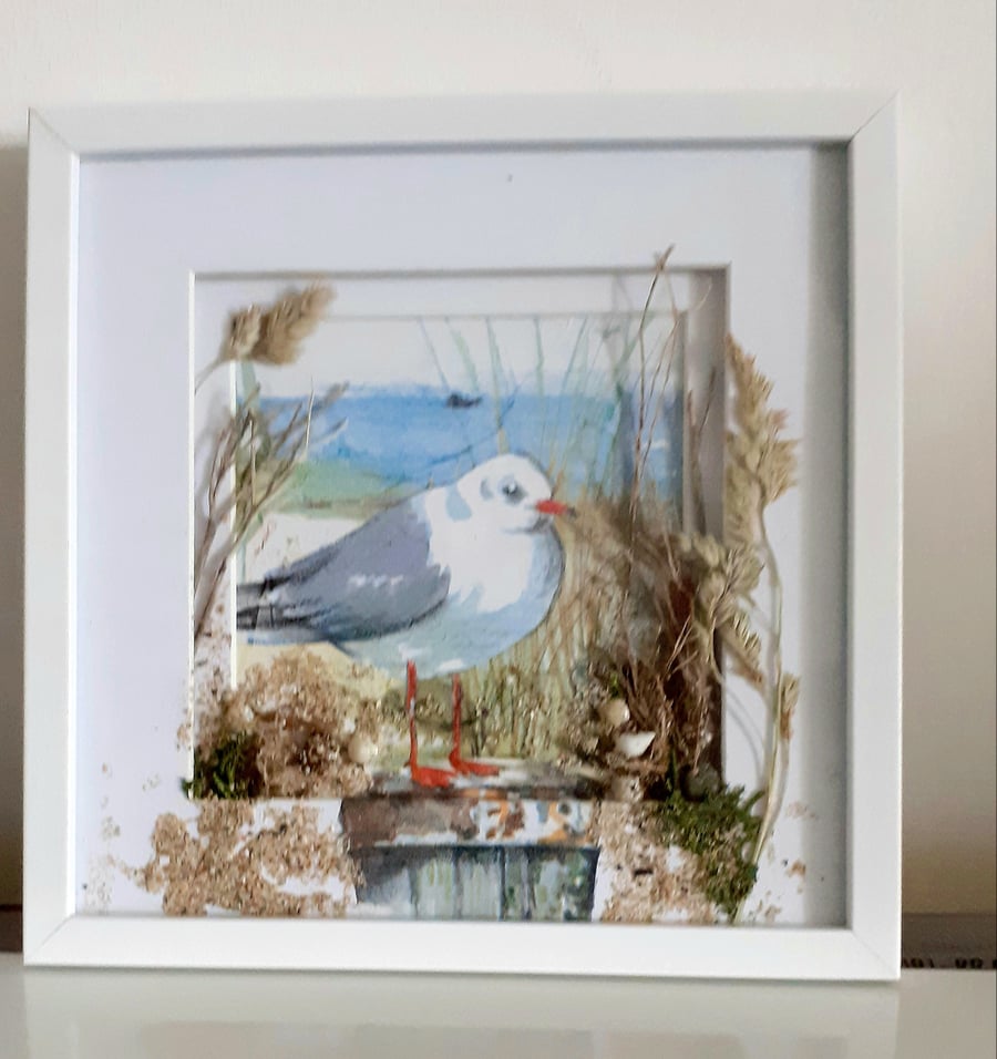 Seagull decoupaged and hand drawn in inks picture