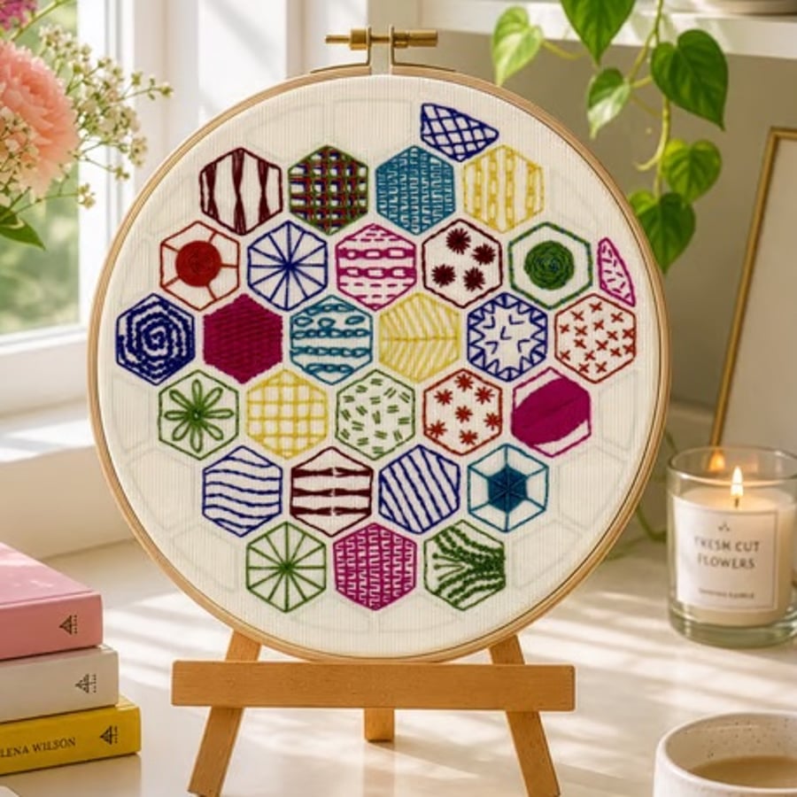 Hexagon Sampler to learn 20 hand embroidery stitches PDF Pattern