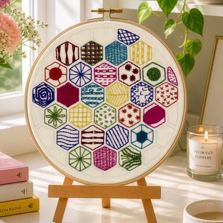 Hexagon Sampler to learn 20 hand embroidery stitches PDF Pattern