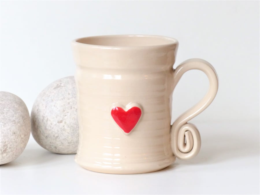 Red Heart -  White Cream Mug,  Ceramic Pottery Handmade Stoneware