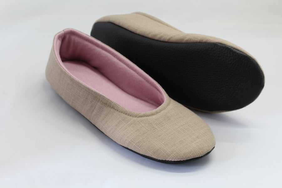 UK size 7 ladies slippers, taupe linen slippers, house shoes, womens slippers