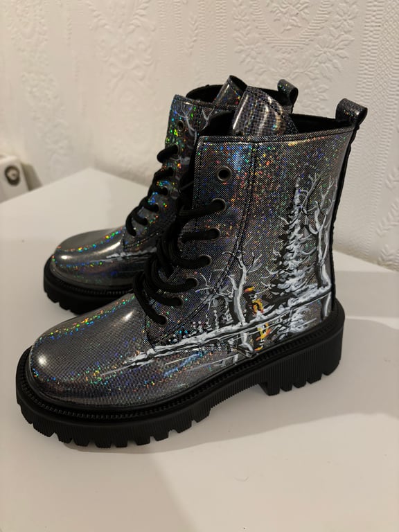 A pair of faux leather hand painted and sealed boots by Andrew Jenkins 