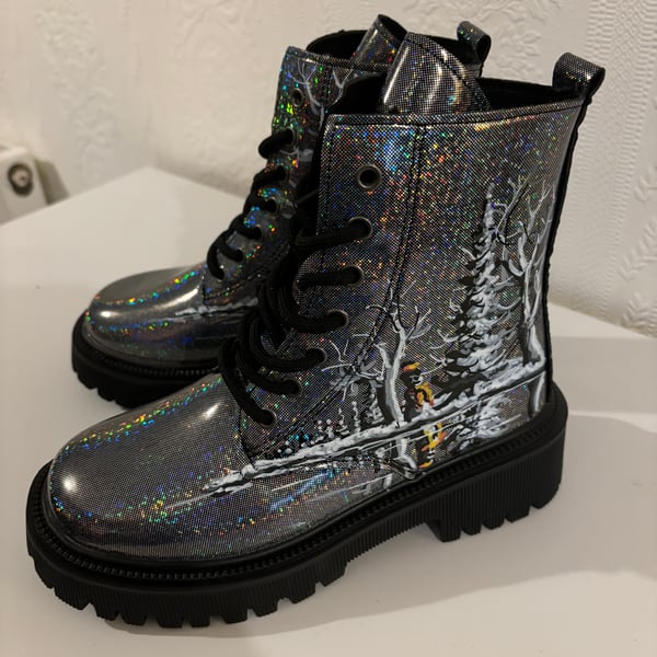 A pair of faux leather hand painted and sealed boots by Andrew Jenkins 