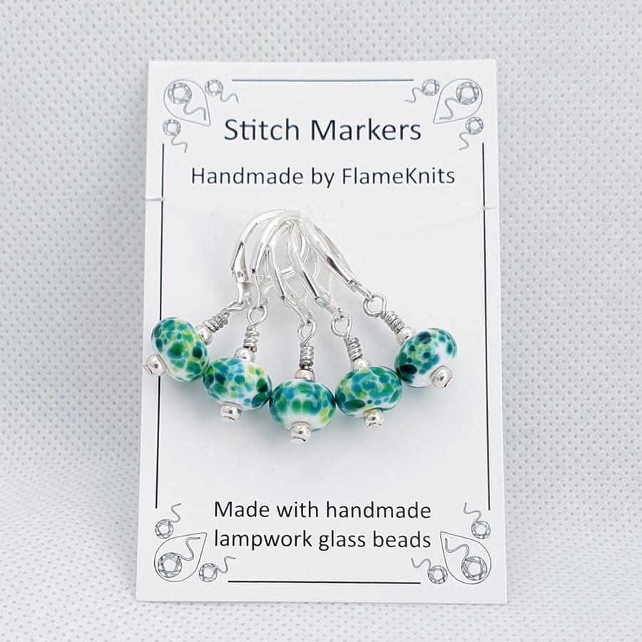 Lampwork Stitch Markers - Emerald Speckles