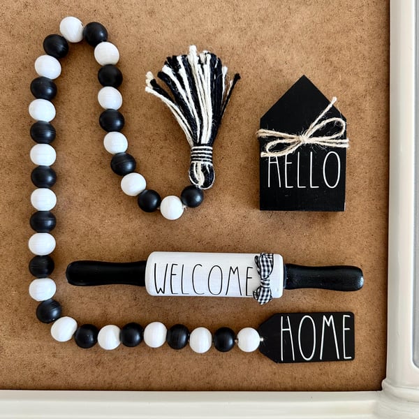 Black and white tiered tray decor wooden bead garland housewarming gift set