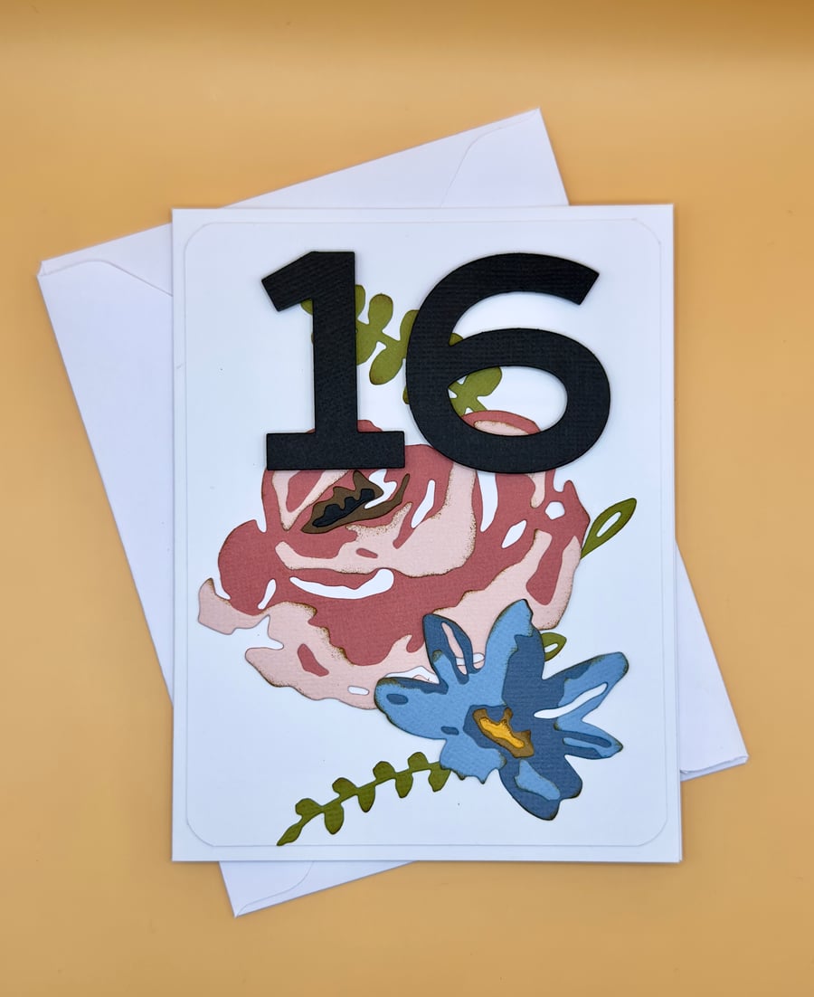 Handmade 16th Birthday Card, Pink and Blue Floral Design, Milestone Celebration