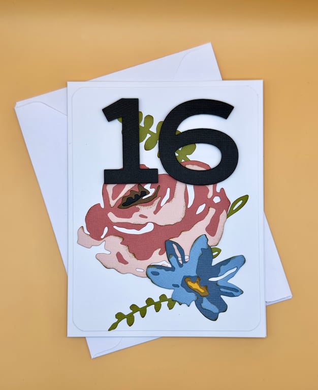 Handmade 16th Birthday Card, Pink and Blue Floral Design, Milestone Celebration