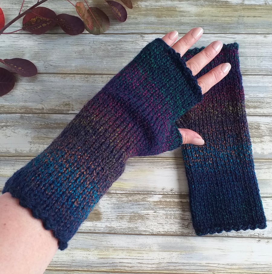 Knitted Fingerless Gloves, Marbled Yarn Hand Warmers