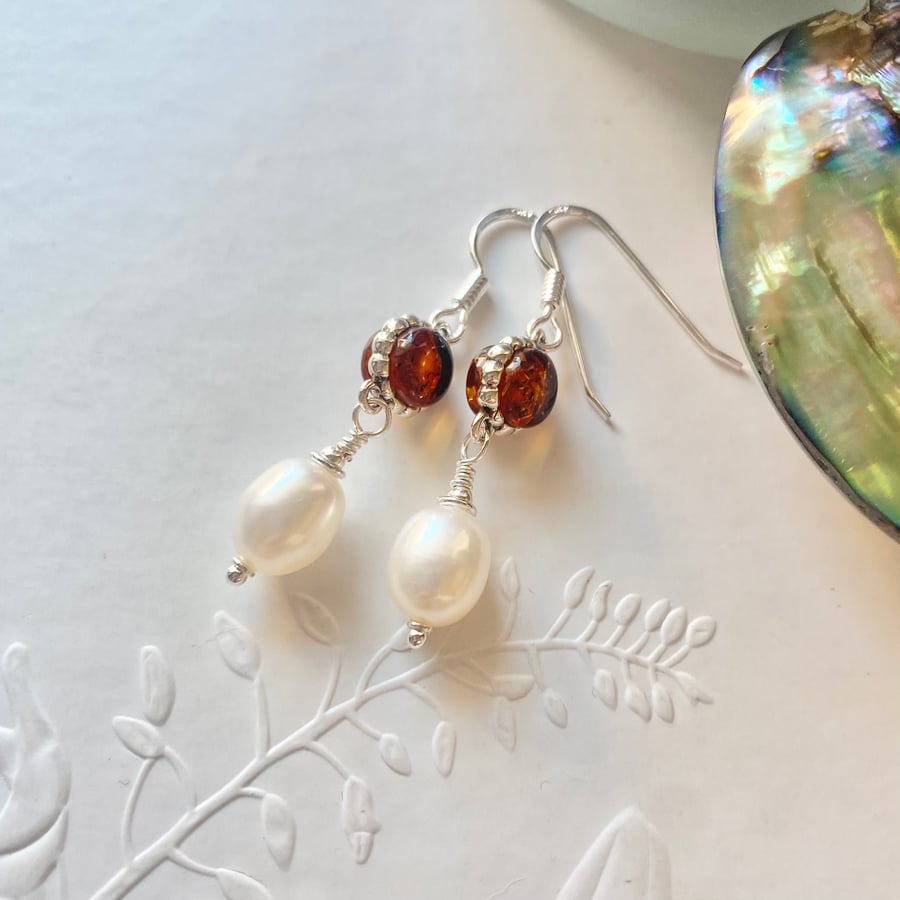 Baltic Amber and Pearl earrings